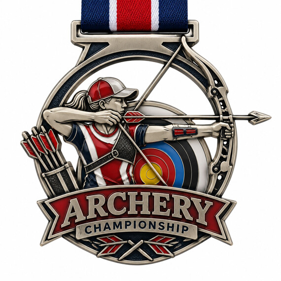 Custom-shaped archery medal with cutout design, sculpted archer figure, colorful enamel details and tournament lettering.