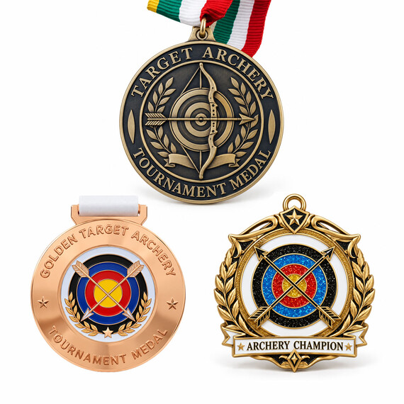 Custom Archery Medals - Custom archery tournament medals featuring 2D metal relief, colorful enamel designs and custom metal finishes.
