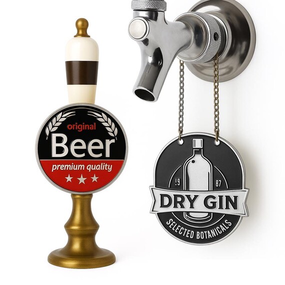 Custom Metal Beer Tap ID Tags - Premium quality custom metal tap markers for beer and gin; features colorful enamel filling and vintage embossed designs for craft breweries.