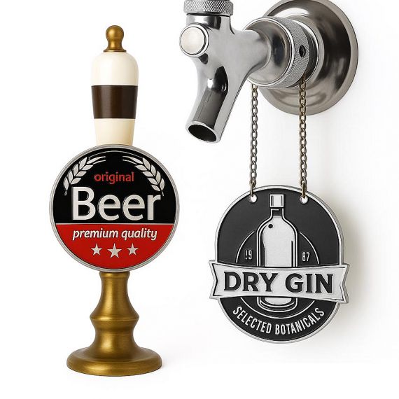 Custom Metal Beer Tap ID Tags - Premium quality custom metal tap markers for beer and gin; features colorful enamel filling and vintage embossed designs for craft breweries.