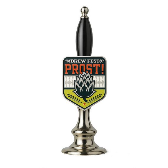 Multi-color UV printed metal tap tags for "Brew Fest" events; featuring hop leaf graphics and "Prost!" messaging for beer festivals.