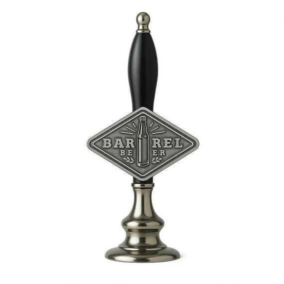 Antique pewter style diamond-shaped metal barrel beer tags; 3D relief embossing featuring beer bottle iconography for rustic taproom aesthetics.