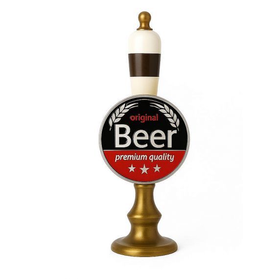 Round custom enamel beer tap badges with "Original Beer" branding; high-visibility red and black color-filled metal plates for hospitality industry.