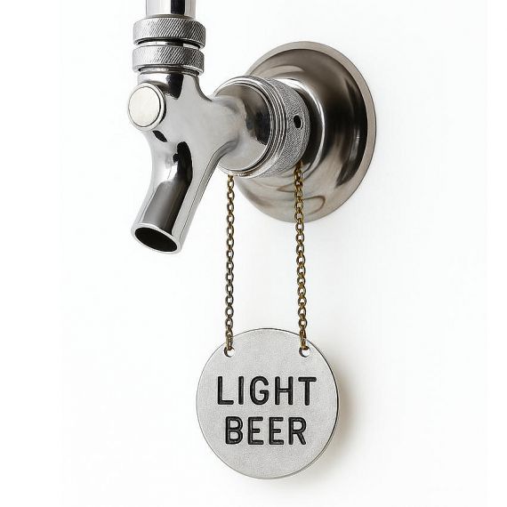 Brushed silver aluminum round tap handle tags for light beer; durable, corrosion-resistant metal identification plates for commercial draft systems.