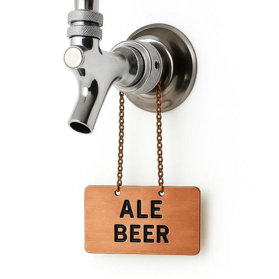 Rectangular copper-tone ale beer tap handle plates; minimalist industrial design with bold black lettering for microbreweries.