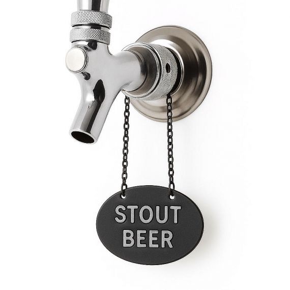 Custom matte black metal stout beer tap handle tags with raised lettering; professional bar hardware manufactured in Vietnam, MOQ 100pcs.