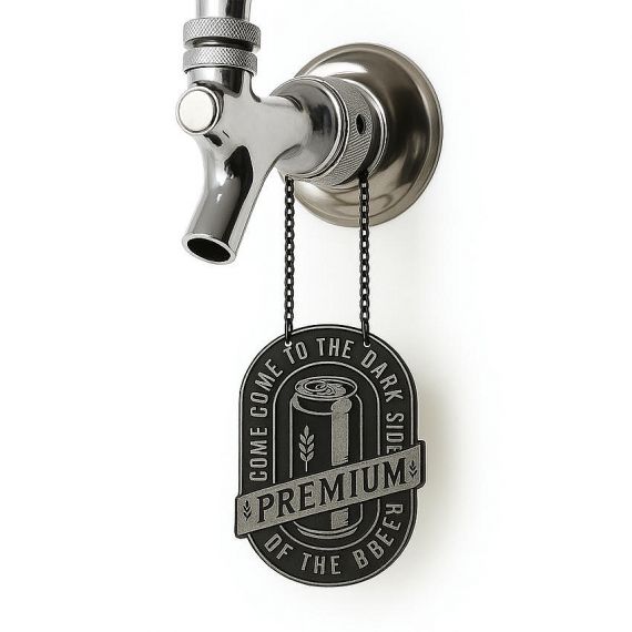 Custom oval black nickel beer tags with "Come to the Dark Side" humorous messaging; personalized metal tap hanging labels for taprooms.