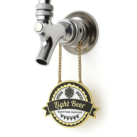 Decorative gold-plated round beer tap medallions with ornate edges and hop symbols; luxury branding labels from Vietnam metal factory.