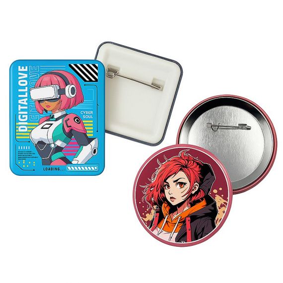 Custom Button Badges - Custom square and round tinplate button badges with anime girl prints, personalized cartoon pin-back badges for promotional events and fan merchandise.