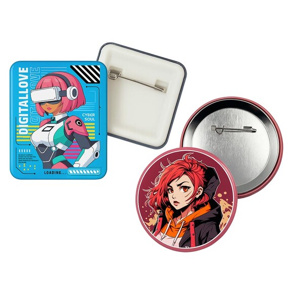 Custom Button Badges - Custom square and round tinplate button badges with anime girl prints, personalized cartoon pin-back badges for promotional events and fan merchandise.