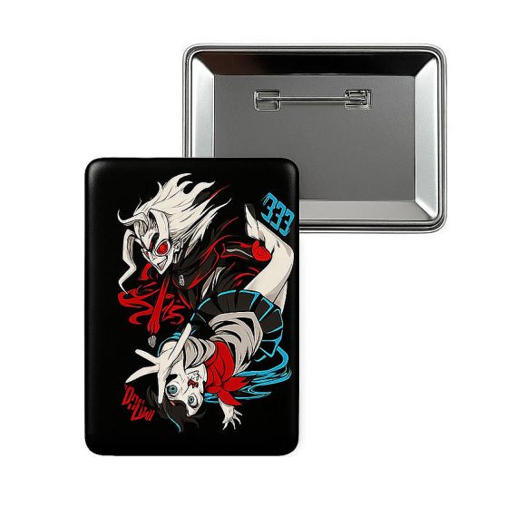 Large rectangular custom anime pin-back badge with detailed illustration, high-end personalized tinplate button badge for animation fans.
