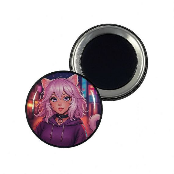 Personalized round anime magnet button badge featuring cat girl illustration, custom printed tinplate fridge magnet for promotional gifts and animation fans.