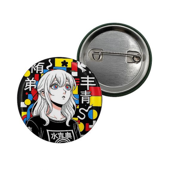 Personalized round anime button badge with vibrant colorful manga artwork, high-quality custom printed tin badge with safety pin back.