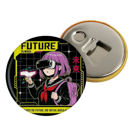 Custom printed anime bottle opener keychain button badge, multi-functional promotional pin badge featuring cyberpunk character design.
