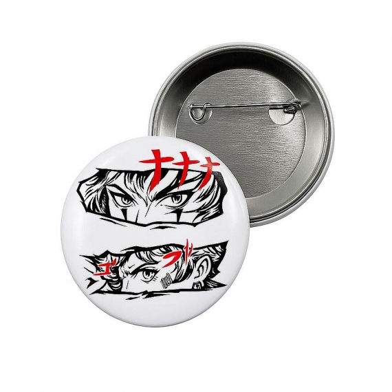Bespoke round metal button badge with black and white anime eye illustration, custom manga theme pin-back badge for collectible gifts.