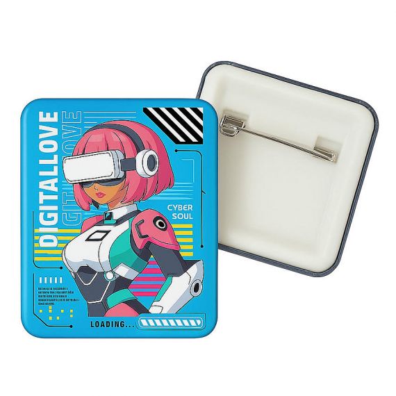 Square custom anime pin badge with high-definition digital printing, premium tinplate button badge for corporate branding and animation expos.