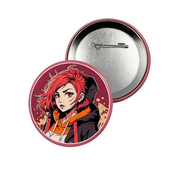 Round personalized anime character button badge with durable safety pin, custom printed manga pin-on badge from professional factory.