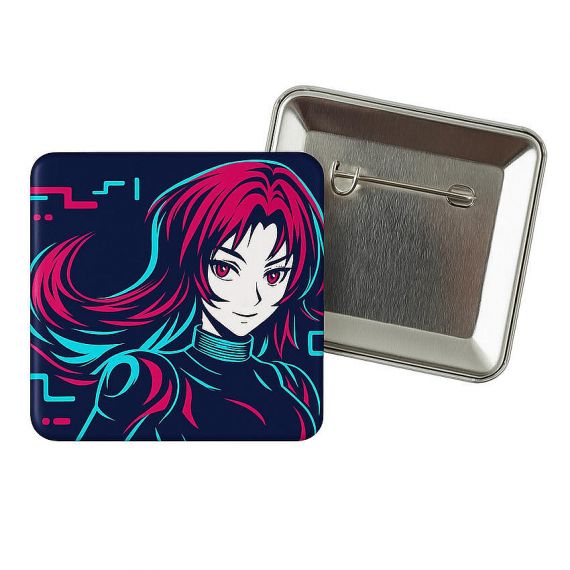 Rectangular custom metal button badge with neon anime girl graphics, high-quality personalized tinplate pin for comic-con souvenirs.