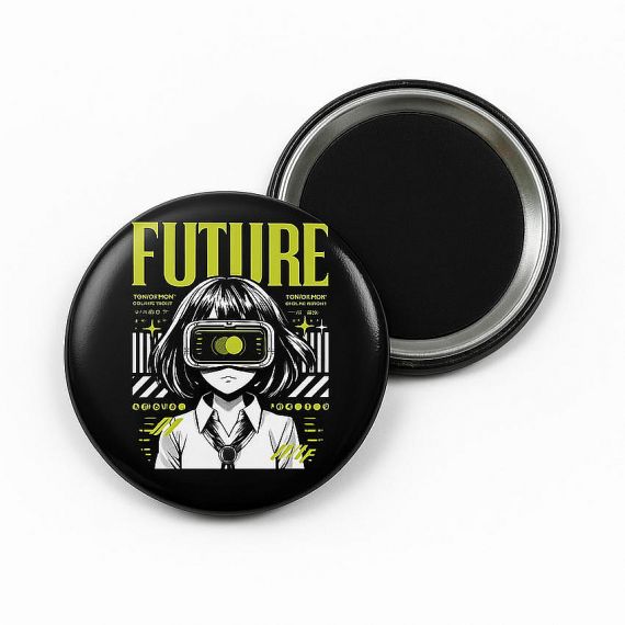 Round custom anime magnet badge with cyberpunk virtual reality girl design, versatile personalized tinplate fridge magnet and badge.