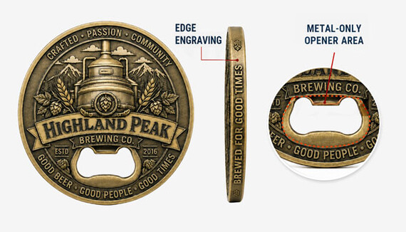 An internal bottle opener places the functional opening within the coin body while preserving a continuous outer edge. This structure works well with circular lettering, decorative borders and traditional coin-style layouts. Because the opening occupies part of the artwork area, logos, lettering and color sections must be arranged around it.