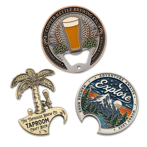 Custom Challenge Coin Bottle Openers - Custom-shaped and round challenge coin bottle openers for brewery, taproom and outdoor-themed programs.