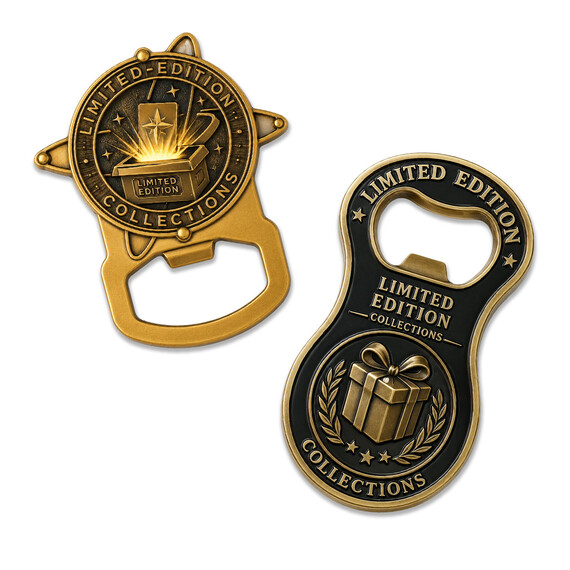 Custom limited-edition challenge coin bottle openers with antique gold finishes and collectible designs.