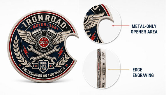 An external bottle opener integrates the functional opening into the outer perimeter, making it well suited for custom-shaped and irregular coin designs. The opener can be incorporated into the product outline while allowing the remaining shape to support logos, lettering and other artwork. Because the opening interrupts part of the perimeter, border patterns, edge lettering and decorative edge treatments may need to be adjusted accordingly.