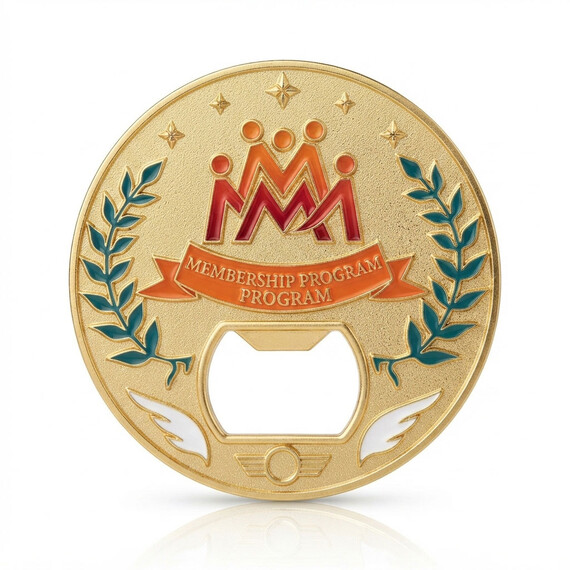 Gold Plated custom membership bottle opener coin with recessed enamel colors.