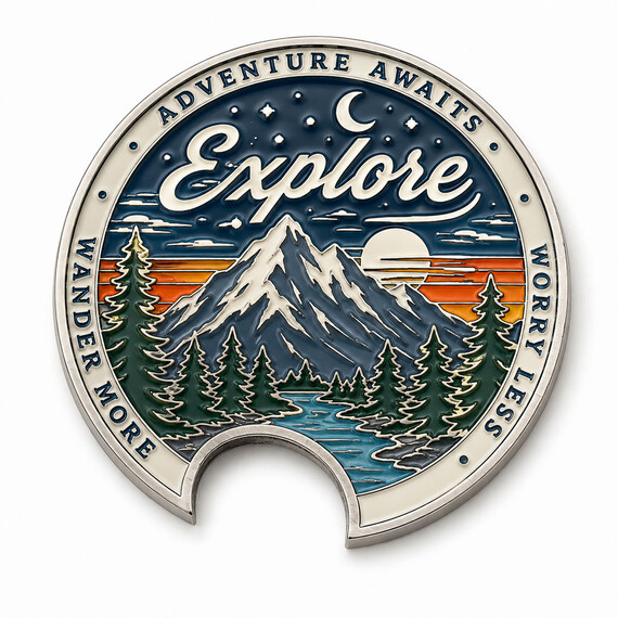 Outdoor-themed bottle opener coin with colorful enamel artwork.