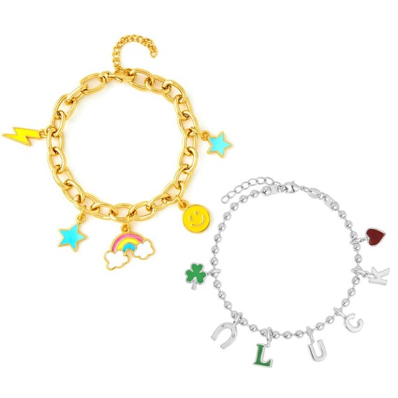 Custom Charm Bracelets - Custom gold link and silver bead charm bracelets featuring colorful enamel rainbows, smiley faces, and "LUCK" lettering, personalized fashion jewelry manufactured for wholesale orders.