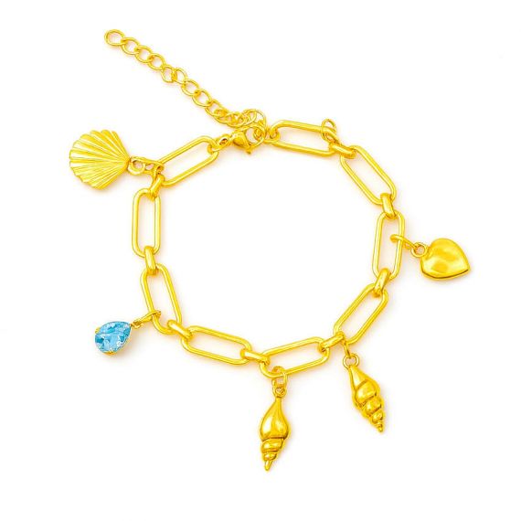 Custom 18k gold plated link chain charm bracelet featuring ocean-themed shells and a blue crystal teardrop, ideal for personalized summer jewelry gifts.