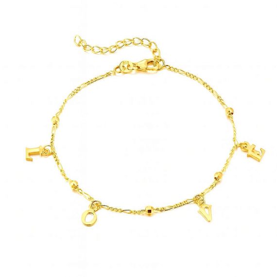 Personalized gold letter charm bracelet spelling "LOVE" with delicate bead accents, high-quality custom name jewelry for women and bridesmaids.