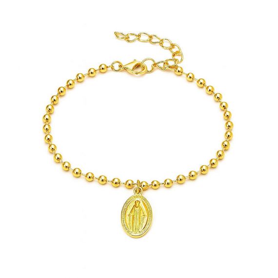 Elegant gold ball bead chain bracelet with a religious Virgin Mary oval pendant, custom engraved spiritual jewelry manufactured for wholesale.