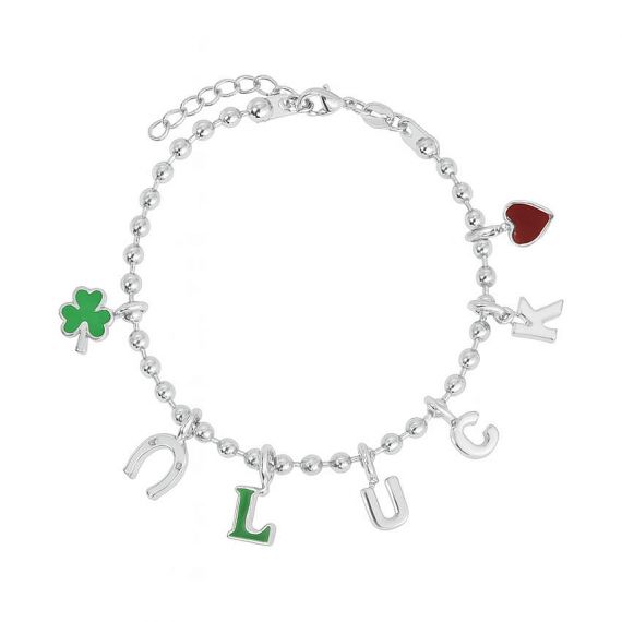 Custom silver beaded charm bracelet with "LUCK" lettering and colorful enamel clover, horseshoe, and heart dangles for personalized boutique collections.