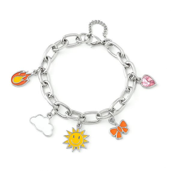 Wholesale custom silver link chain bracelet with vibrant enamel charms including sun, cloud, and bow designs, perfect for trendy personalized accessories.