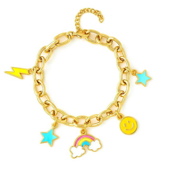 Custom gold chunky link bracelet featuring colorful enamel stars, rainbows, and smiley face charms, high-quality personalized jewelry for youth brands.