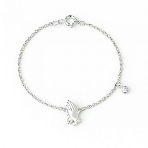 Minimalist silver thin chain bracelet with a custom praying hands charm and small cubic zirconia accent, ideal for religious and commemorative jewelry.