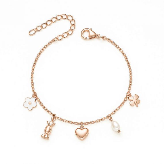 Rose gold plated custom charm bracelet with flower, heart, and pearl dangles, sophisticated personalized jewelry gift for anniversaries and birthdays.