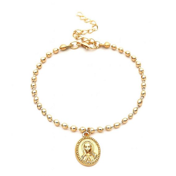 Custom gold plated ball chain bracelet with a detailed religious icon pendant, professional OEM/ODM jewelry manufacturing for religious gift shops.