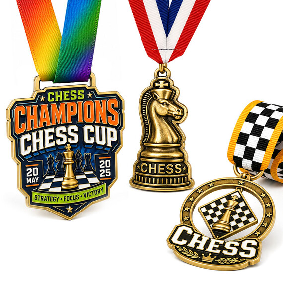 Custom Chess Medals - Custom chess medals featuring colorful championship artwork, an antique gold knight-shaped medal, and a round chessboard medal with custom ribbons.