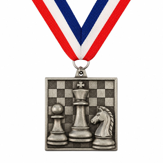 Antique silver custom chess medal featuring raised king, knight and pawn pieces over a chessboard with a red, white and blue ribbon.
