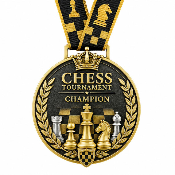 Round custom chess tournament medal with antique gold finish, raised chess pieces, laurel details and a black-and-gold custom ribbon.