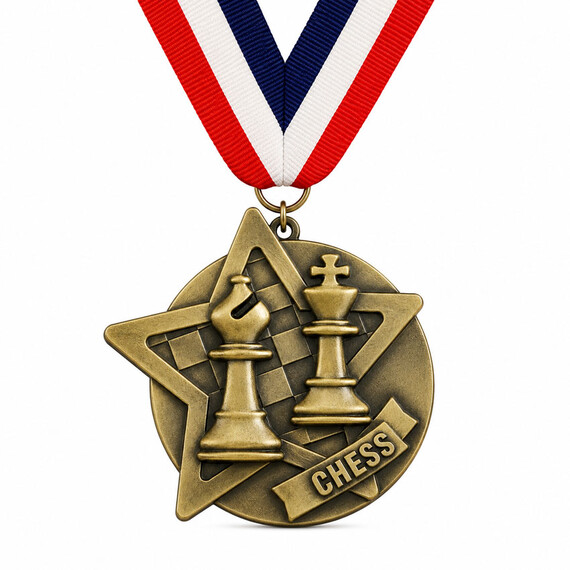 Antique gold chess award medal with custom star shape, raised bishop and king pieces, chessboard relief and striped ribbon.