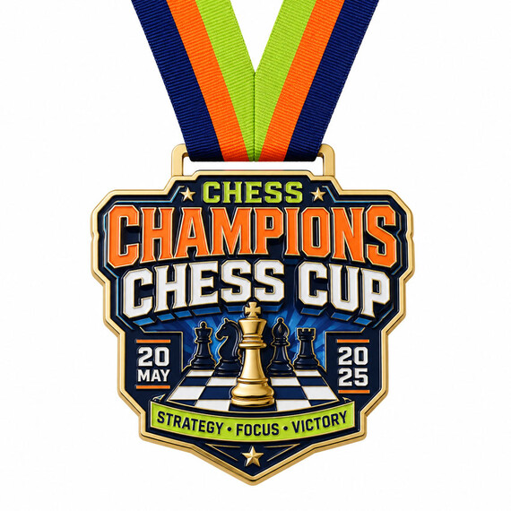Custom chess championship medal with colorful soft enamel artwork, chess pieces, tournament lettering and a multicolor ribbon.
