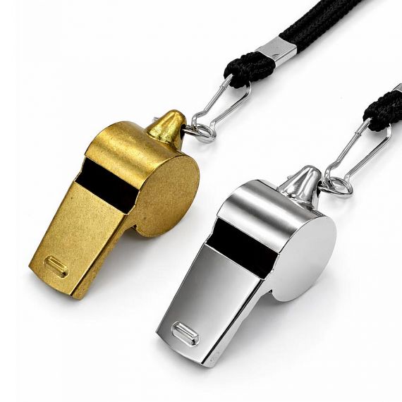 Custom brass and silver metal coach whistles with black lanyards, high-decibel sports referee whistles from professional metal factory.