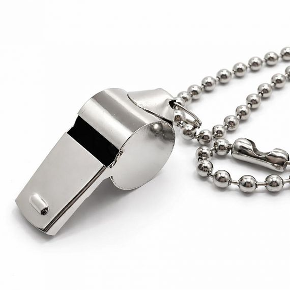 Custom silver metal sports whistle with stainless steel ball chain, high-decibel personalized referee whistle for athletic competitions.