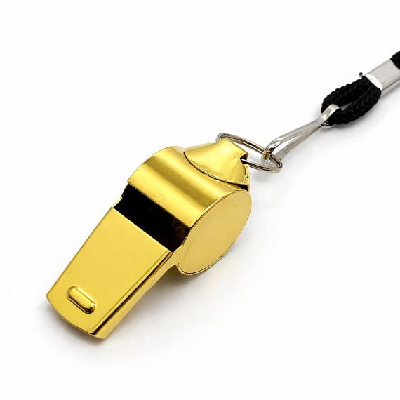 Luxury gold metal coach whistle with adjustable black lanyard, personalized emergency survival whistle for outdoor activities.