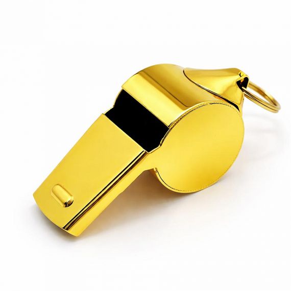 High-quality gold plated custom metal whistle with keyring, professional sports promotional merchandise for soccer and basketball coaches.