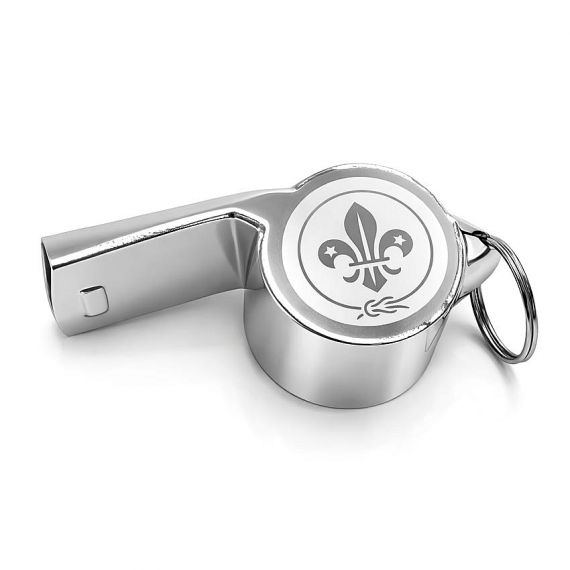 Bespoke silver metal sports whistle with laser engraved fleur-de-lis logo, durable zinc alloy whistle for schools and scouting groups.
