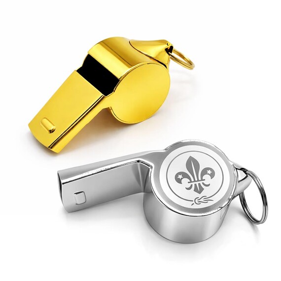 Custom Coach Whistles - Personalized gold and silver plated metal whistles with custom engraved logo, premium sports training gear for coaches and referees.